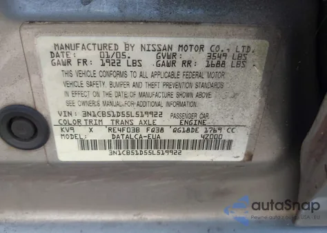 2005 Nissan Sentra 1.8 from USA, damaged, VIN 3N1CB51D55L519922
